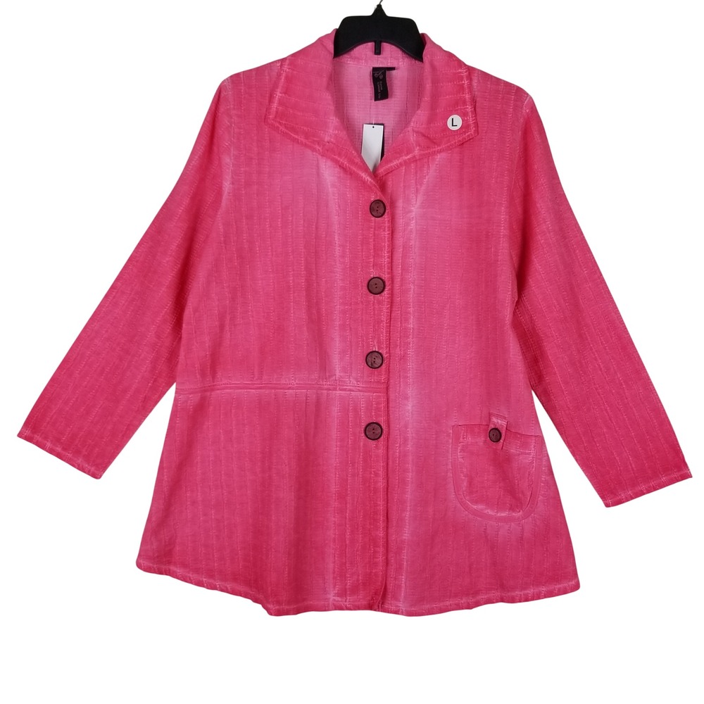 Focus Jacket Women Large Pink Textured Cotton Button Front Lagenlook CJ-105